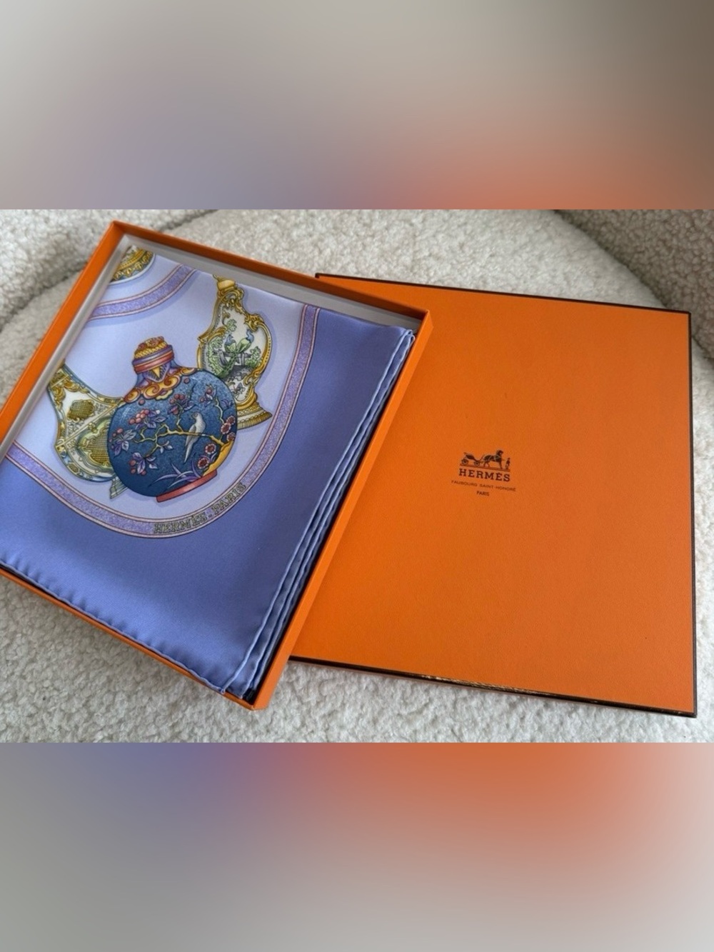 Hermes ‘Qu’importe Le Flacon 90 Blue/purple Silk Scarf